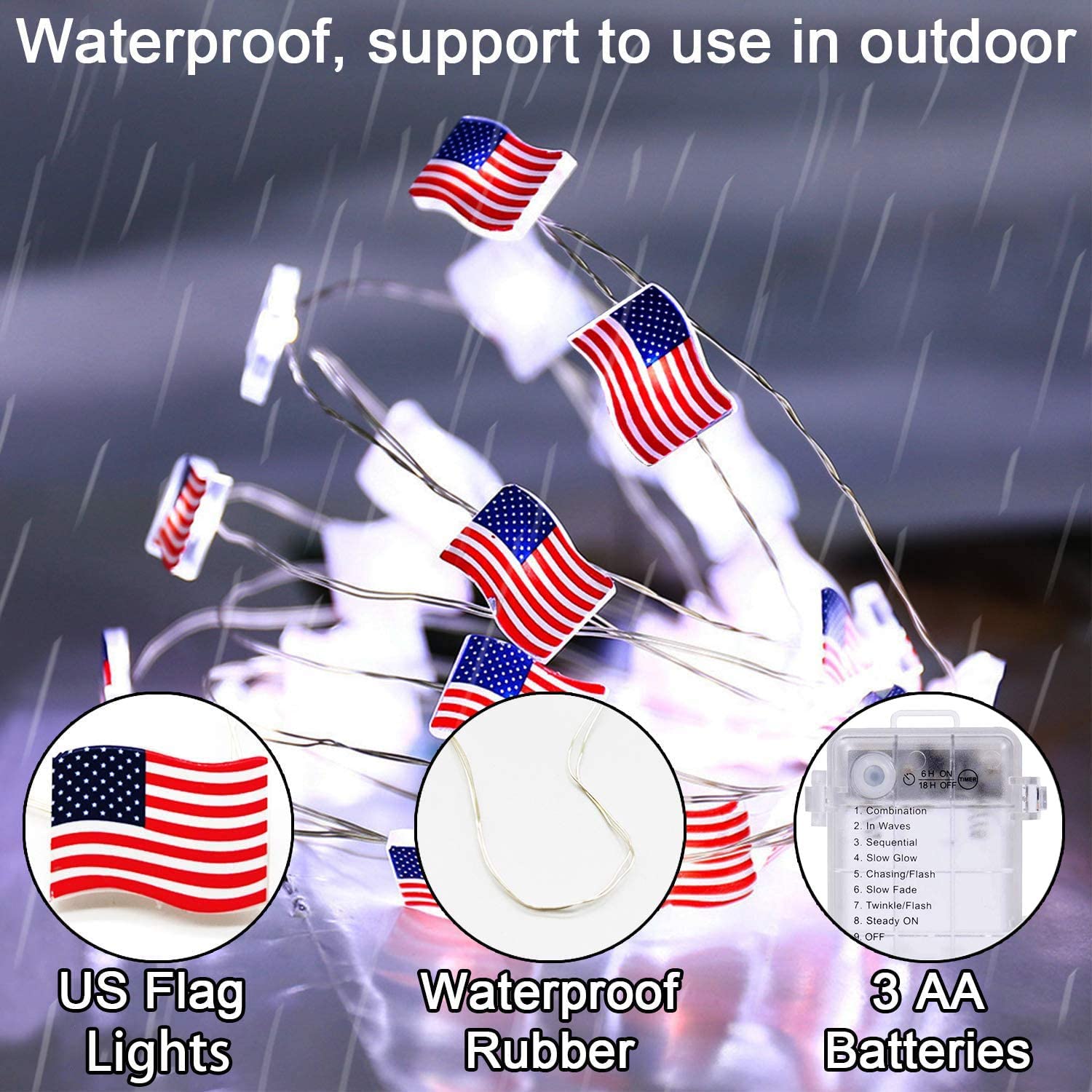Battery Operated LED American Flag String Lights