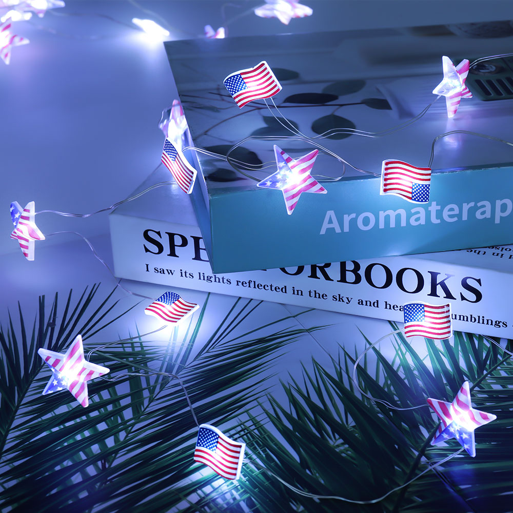 13.1FT 40 LED American Flag Star Lights String 4th of July Lights Battery Operated Fairy Lights