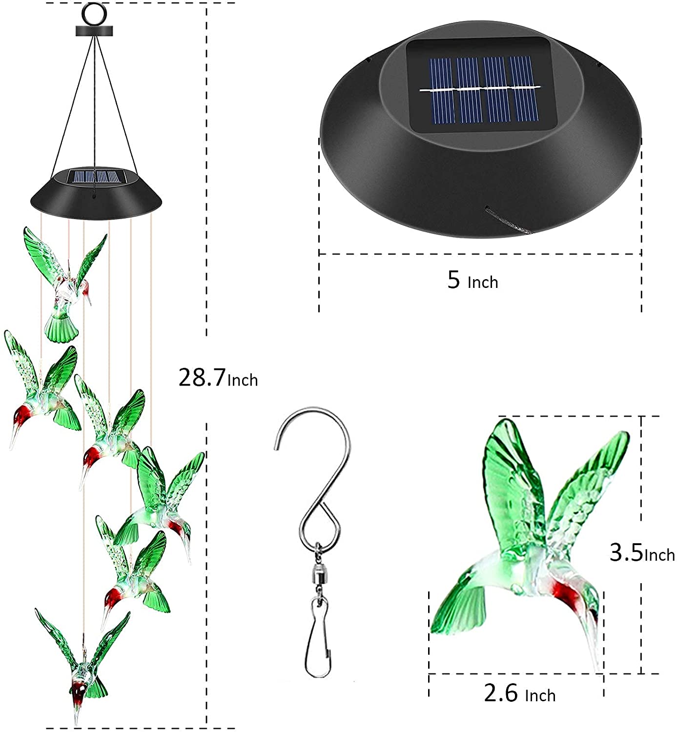 Solar Powered Hummingbird Wind Chimes Outdoor
